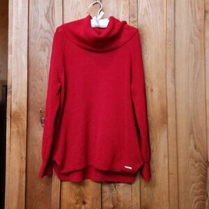 Michael Kors Preppy Waffle Knit Cowl Neck Tunic Sweater, Large, Red w/ Gold Logo